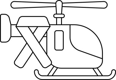 A black and white drawing of a helicopter. The helicopter is sitting on the ground with its wheels down