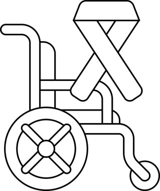 A black and white drawing of a wheelchair with a ribbon tied to the handlebars. The ribbon is tied in a way that it looks like a ribbon for a ribbon