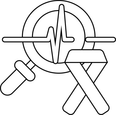 A black and white drawing of a magnifying glass with a heart and a ribbon. The heart is surrounded by a circle and the ribbon is on the right side of the drawing