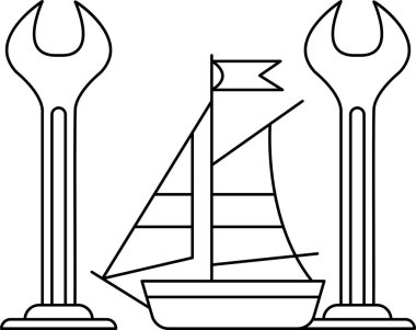 A black and white drawing of a boat, a wrench, and a flag. The boat is on the right side of the image, and the wrench and flag are on the left side