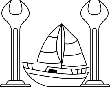 A black and white drawing of a boat with a sail and two large mechanical tools. The boat is positioned between the two tools, which are both facing the boat. Scene is one of curiosity and exploration