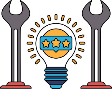 A black and white drawing of a wrench, a light bulb, and three stars. The wrench is on the left, the light bulb is in the middle, and the stars are on the right