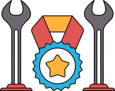 A black and white drawing of a wrench and a star with a gold medal. The wrench is on the left side of the image and the star is on the right side