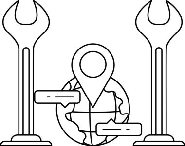 A black and white drawing of a globe with a wrench on it. The wrench is pointing to a location on the globe