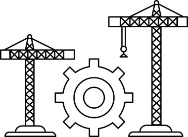 Two cranes and a gear. The cranes are tall and the gear is round. Concept of construction and engineering