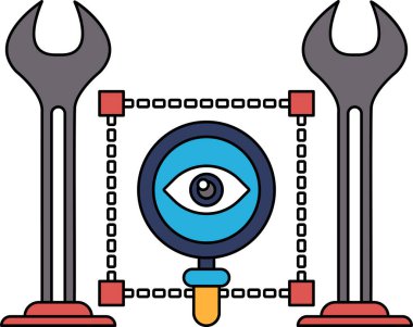 A black and white drawing of a wrench and a magnifying glass. The wrench is on the left side of the image and the magnifying glass is on the right side