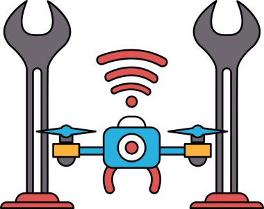 A black and white drawing of a drone with a Wi-Fi connection. The drone is surrounded by two poles, one on the left and one on the right. The drawing conveys a sense of technology and innovation