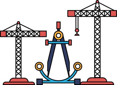 A construction site with cranes and a large measuring device. The cranes are tall and are positioned in the background, while the measuring device is in the foreground