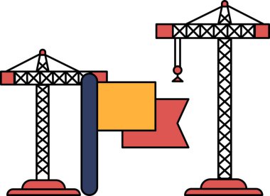 Two cranes are standing next to each other. One crane is holding a flag. The flag is white and has a red cross on it