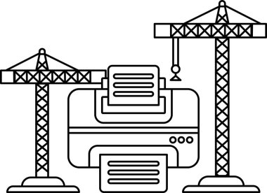 A black and white drawing of a printer and cranes. The printer is in the middle of the image and the cranes are on either side of it. The cranes are tall and have a construction-like appearance