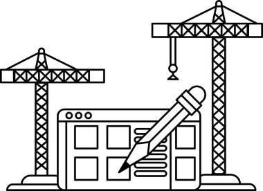 A drawing of a construction site with a pencil and a piece of paper. The construction site is in the background, and the pencil is in the foreground