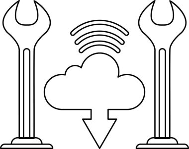 A black and white image of two tools with a cloud in the background. The cloud is pointing downwards, and the tools are positioned on top of two poles. Concept of technology and innovation
