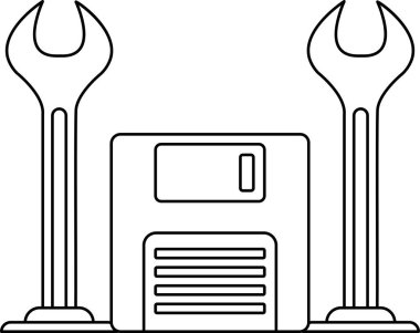A black and white drawing of a computer hard drive with a wrench on top of it. The wrench is positioned above the hard drive, and the two objects are separated by a vertical line
