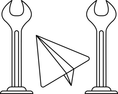 A black and white drawing of a wrench and a paper airplane. The wrench is on the left side of the image and the paper airplane is on the right side. Concept of creativity and playfulness