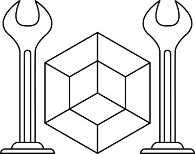 A black and white drawing of a wrench and a cube. The wrench is on the left side of the cube and the cube is on the right side of the wrench