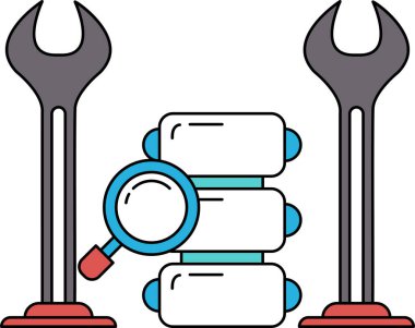 A black and white drawing of a wrench and a magnifying glass. The wrench is on the left side of the image and the magnifying glass is on the right side