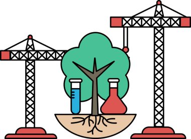 A drawing of a tree with a crane in the background. The drawing is black and white