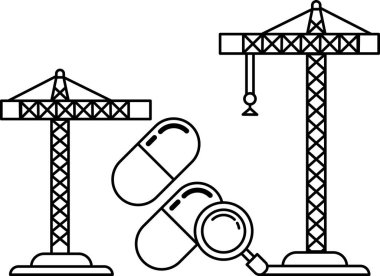 A construction site with two cranes and a pill bottle. The pill bottle is being examined by a magnifying glass