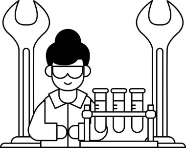 A man in a lab coat is working on a project. He is wearing safety goggles and is surrounded by several beakers and test tubes. Concept of scientific exploration and discovery