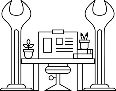 A black and white drawing of a desk with a computer and a potted plant. The desk is surrounded by two large metal bolts, which give the image a mechanical or industrial feel