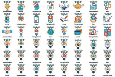 A collection of icons for various concepts such as transportation, communication, and technology. The icons are colorful and abstract, with some featuring a clock and others featuring a person