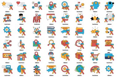 A collection of icons with a variety of colors and shapes. Some of the icons include a man, a book, a clock, a car, a suitcase, and a heart