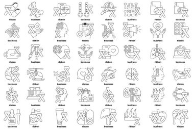 A collection of medical icons, including a heart, a stethoscope, and a wheelchair. The icons are arranged in a grid, with some overlapping and others standing alone. Scene is one of health