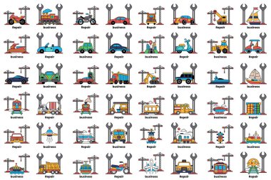 A collection of vehicles, including cars, trucks, and buses, are shown in a variety of colors and sizes. Concept of diversity and creativity, as each vehicle is unique and has its own personality