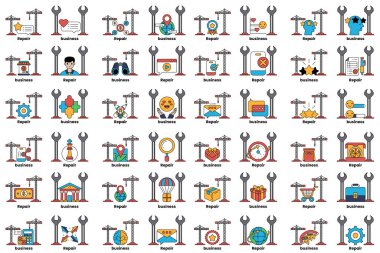 A collection of icons for various things, including a wrench, a building, a person, and a bird