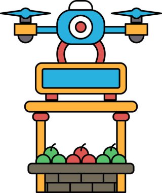 A drone is hovering over a table with apples on it. The drone is black and white. The apples are red and green