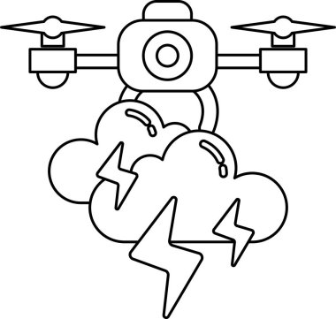A black and white drawing of a drone flying through a stormy sky. The drone is surrounded by lightning bolts and the sky is filled with dark clouds. Scene is intense and dramatic