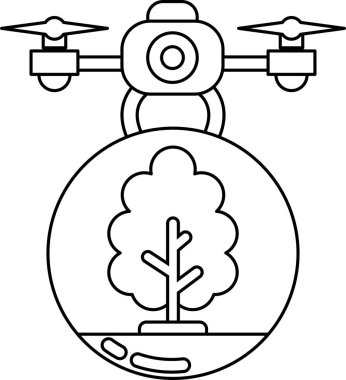 A drone is hovering over a tree. The drone is black and white. The tree is green
