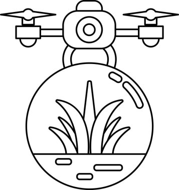 A drone is hovering over a plant. The drone is black and white. The plant is green and has a stem