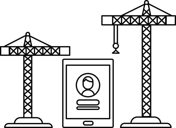 A construction site with a crane and a tablet with a person's face on it. The tablet is likely a device for communication or work purposes