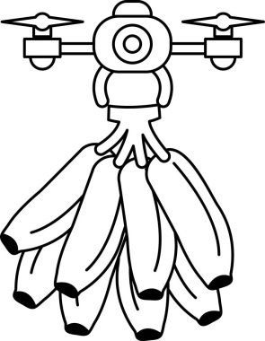 A cartoon drawing of a banana bunch with a drone on top. The drone is looking down at the bananas