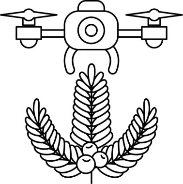 A drone is flying over a field of wheat. The drone is black and white. The wheat is green and brown