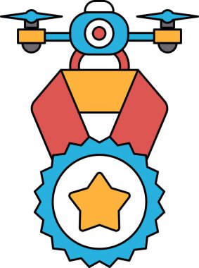 A black and white drawing of a drone with a star on it. The drone is flying in the air and the star is on the drone