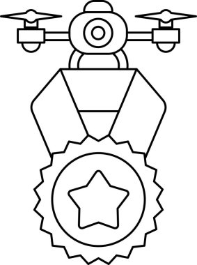 A black and white drawing of a drone with a star on it. The drone is flying in the air and the star is on the drone