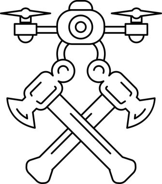 A black and white drawing of a robot with a camera on top. The robot is holding two axes