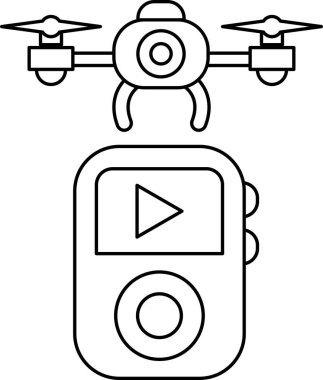 A drone is flying above a small device with a play button. The drone is black and white