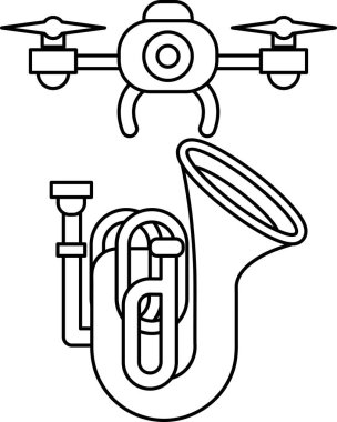 A black and white drawing of a trombone and a drone. The drone is on the right side of the trombone
