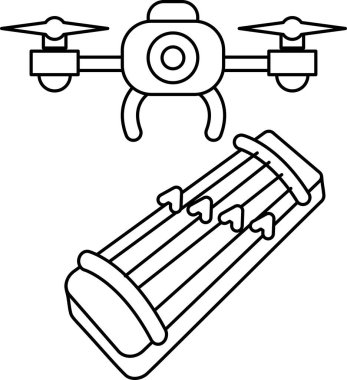 A drone is flying above a long, thin object. The drone is black and white. The object is white and has a heart shape
