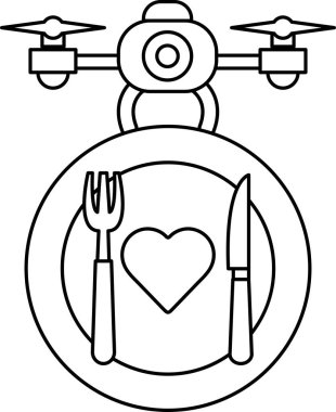 A plate with a knife and fork on it with a heart in the middle. The plate is white and the heart is red