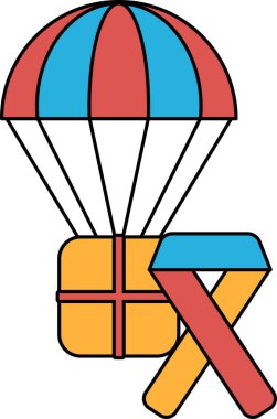 A black and white drawing of a parachute with a box and a ribbon. The parachute is the main focus of the image, but the box and ribbon add depth and detail to the scene. Scene is one of adventure