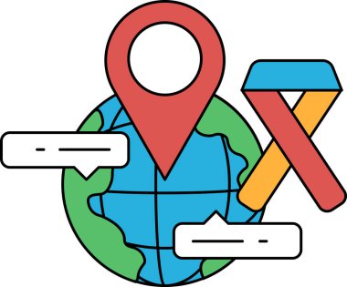 A map of the world with a pin on it and a ribbon on the right side. The ribbon is for a cause