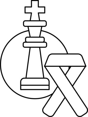 A black and white drawing of a chess piece and a ribbon. The chess piece is a king and the ribbon is a ribbon for breast cancer awareness