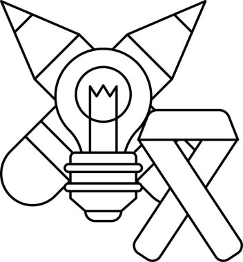 A drawing of a light bulb and a pencil with a ribbon in the background. The light bulb represents the idea of creativity and the pencil represents the tools used to create
