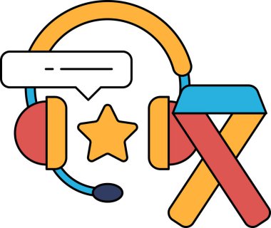 A black and white drawing of a headset with a star and a ribbon. The drawing conveys the idea of a supportive and comforting atmosphere