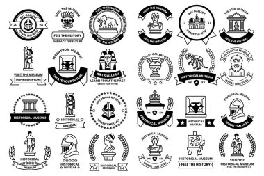 A collection of symbols and icons, including a dinosaur, a statue of a man, and a building