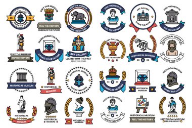 A collection of symbols and icons, including a dinosaur, a statue of a man, and a building